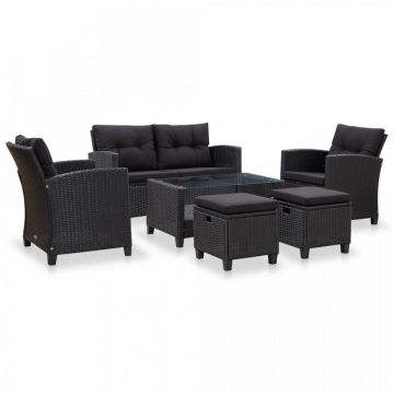 Set mobilier de grădină cu perne, 6 piese, negru, poliratan